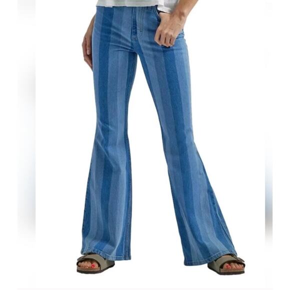 Lee Women’s High Rise Stripe Patchwork Flare Jeans US 0 Retro 70s Festival Boho - Picture 2 of 6